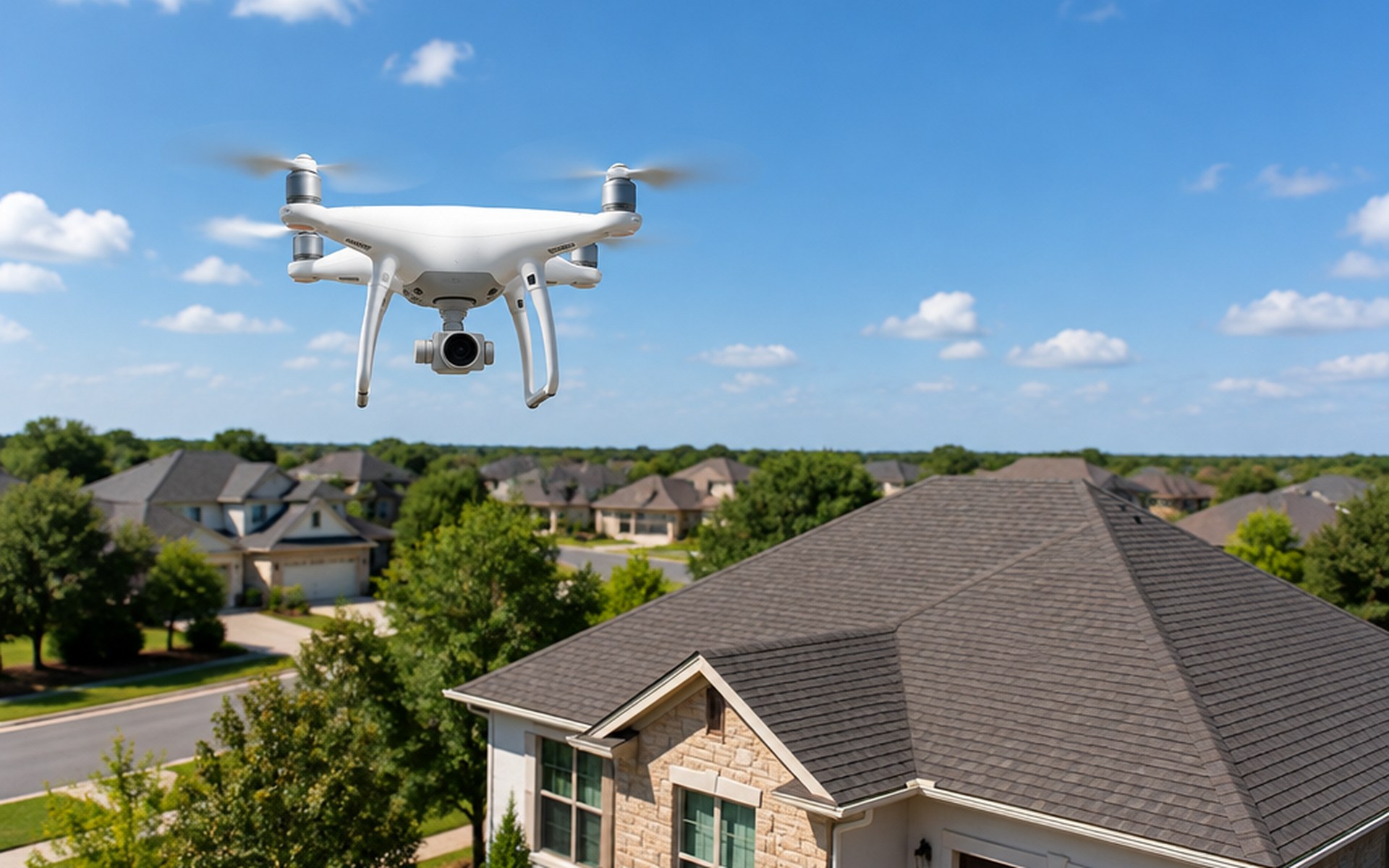 A white camera drone in flight above a neighborhood of single-family homes