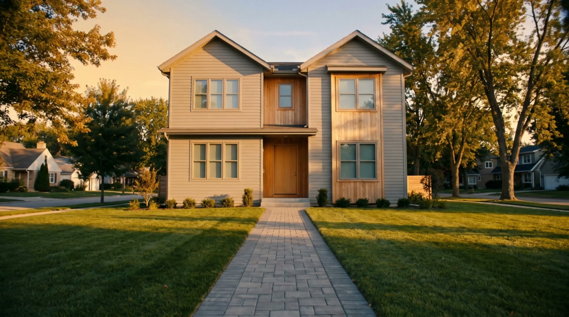 Front exterior of a two-story modern suburban home at golden hour